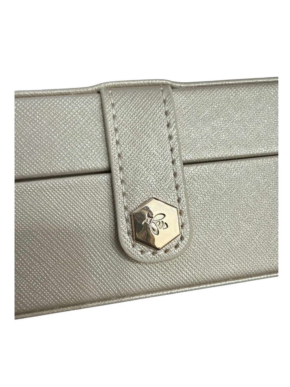 Compact Beige Jewelry Organizer Case with Mirror and Multi-Compartment Storage